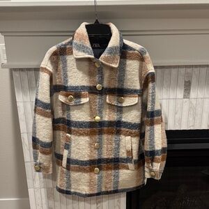 Zara Cream and Brown Plaid Jacket with Gold Buttons